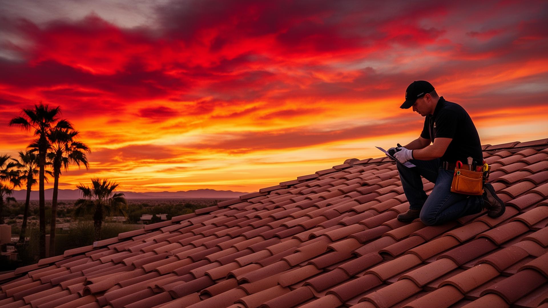 Rob's Roofing & Remodeling crew installing premium tile roof at sunset